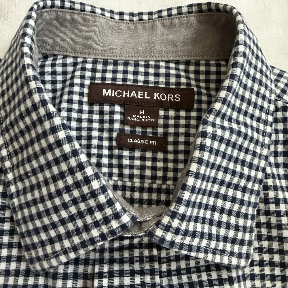 Michael Kors Mens Gingham Short Sleeve Button Down Shirt Size M Navy White